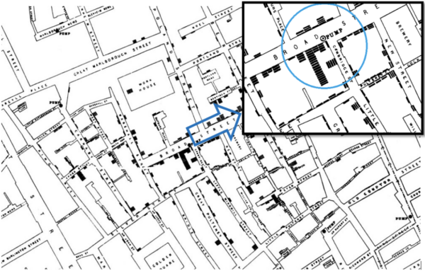 A map that shows the outbreak of cholera in London in 1850.